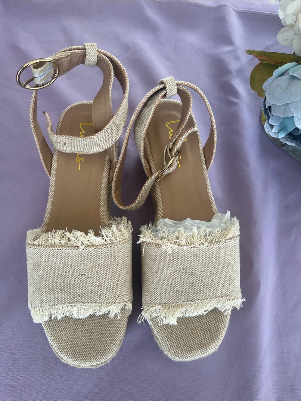 Beige Fringed Platform Sandals with Ankle Strap